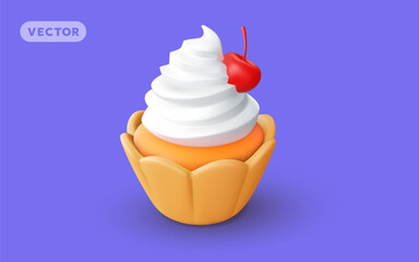 Vector illustration of realistic cupcake with cream and cherry on color background. 3d style design of cake with whipped cream and berry. Sweet food
