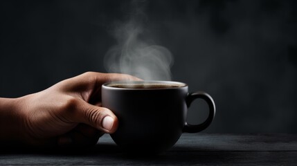 Stock image of a hand gripping a coffee mug, surrounded by deep blacks, portraying the essential morning boost