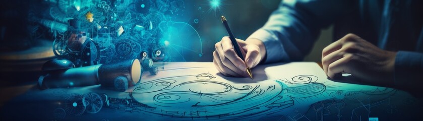 Stock image of a hand sketching or writing in a notebook, surrounded by lively blue tones, portraying innovation and creative thinking