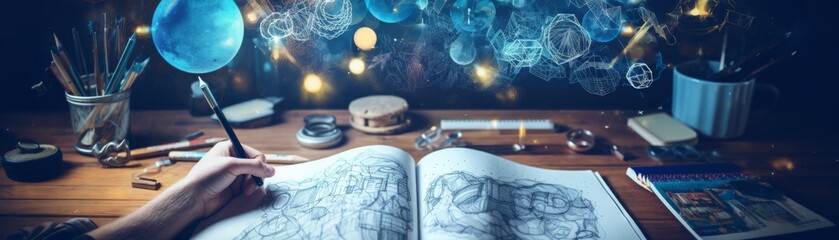 Stock image of a hand sketching or writing in a notebook, surrounded by lively blue tones, portraying innovation and creative thinking - obrazy, fototapety, plakaty