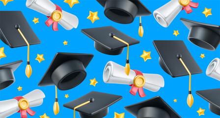Vector illustration of graduate cap and diploma on blue color background. Caps thrown up pattern. 3d style design of congratulation graduates with graduation hat and diploma scroll