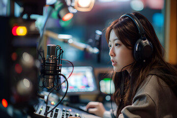 Korean Woman Working At Radio Station, Female DJ, Broadcasting Station, Audio Mixer, Sound...