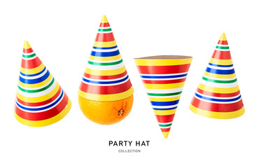 Colorful party birthday hat and orange fruit set isolated on white background.