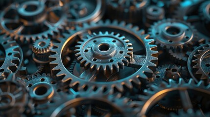Close up Abstract mechanism from a variety of metal gears of different sizes
