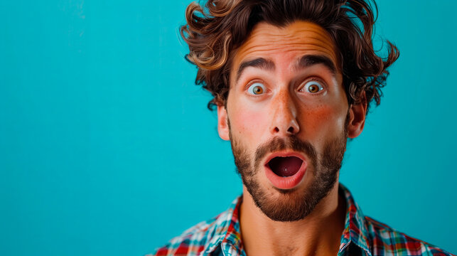 Portrait of a man with a surprised expression because of an offer or a discount, on a sky blue studio background. Copy space.