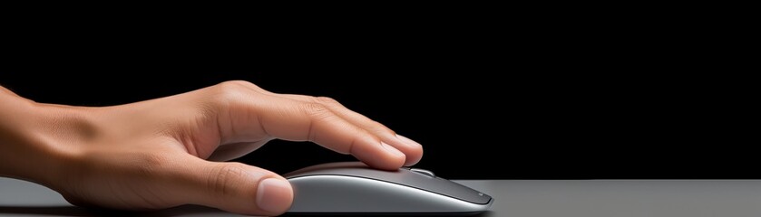 Closeup of a hand with a modern computer mouse, set against a clean, sleek gray backdrop, emphasizing precision and control