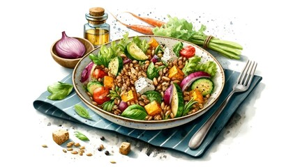 A watercolor painting of Farro and Roasted Vegetable Salad, artistically showcasing roasted vegetables mixed with farro, accented with herbs or feta