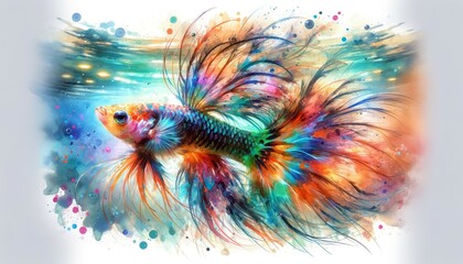 A watercolor painting of a Guppy (Poecilia reticulata) in an aquarium setting, emphasizing its colorful appearance and dynamic environment
