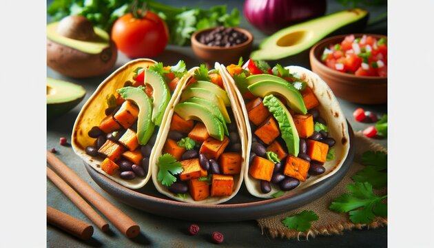 A realistic image of Sweet Potato and Black Bean Tacos, with roasted sweet potatoes, black beans, avocado, cilantro, and tomatoes, showcasing the dish's vibrant colors and flavors
