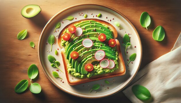 A realistic image of Avocado Toast, featuring a slice of toasted bread topped with creamy mashed avocado and garnished with cherry tomatoes and sesame seeds
