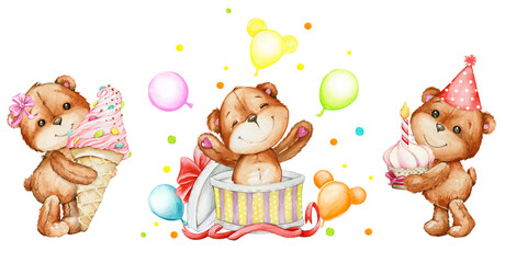 teddy bears, cake, ice cream, balloons, gifts. watercolor set, clip art. , on an isolated background.