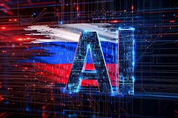 The letters "AI" on the Russian Flag on a technology textured background. 