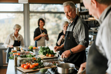 Busy Restaurant Kitchen, Chefs At Work, Kitchen Porter And Waiting Staff In The Background, Cooking Staff, Food Preparation
