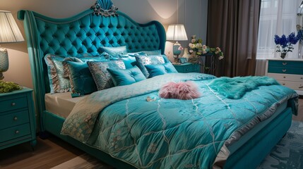 Luxurious teal bedroom with ornate headboard and floral-patterned bedding. Interior design photography for home decor inspiration