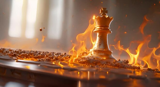 A golden chess queen standing on a chessboard, with an explosion of fire and debris around it.
