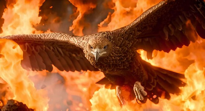 An eagle is flying in front of a fire. The eagle is brown and black, with a white head and tail. The fire is orange and yellow, and is burning behind the eagle.
