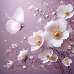 Purple Background With White Flowers and Butterfly