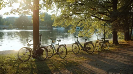 Foto op Aluminium Picturesque scene of bicycles by the lakeside at sunrise, highlighting peaceful morning rides and urban nature escapes © Tatyana