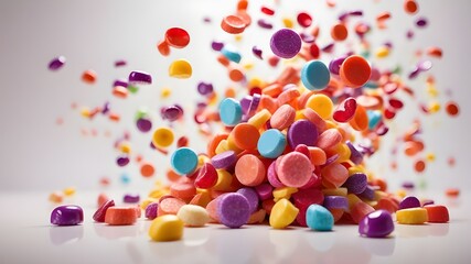  Vibrant Rainbow Candy Falling on White Background. The image should depict a close-up shot capturing colorful candies in various shapes and sizes falling gracefully against a clean, white background.
