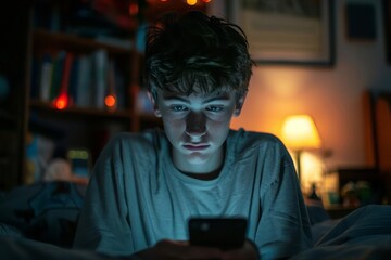 Teenager in a dark room lit only by the glow of a smartphone, social media immersion