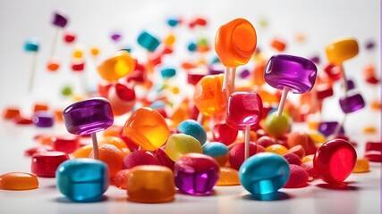 Vibrant Rainbow Candy Falling on White Background. The image should depict a close-up shot capturing colorful candies in various shapes and sizes falling gracefully against a clean, white background.