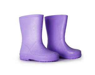 Stylish purple rubber boots with raindrops on the surface isolated on a white background
