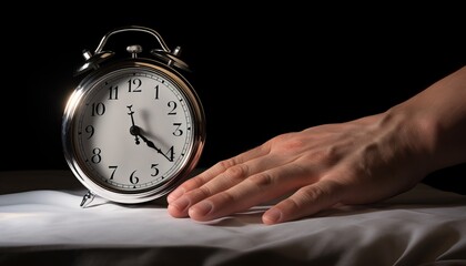 Professional image of a hand and a silver clock, subtle reflections in the background, conveying a sense of perpetual style