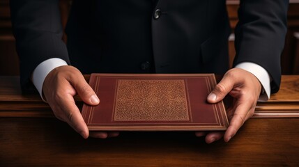 Professional image of a hand holding a book, rich brown wooden surface beneath, conveying a classic and intellectual vibe - obrazy, fototapety, plakaty