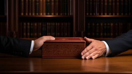 Professional image of a hand holding a book, rich brown wooden surface beneath, conveying a classic and intellectual vibe - obrazy, fototapety, plakaty