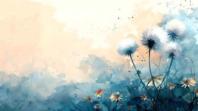 Watercolor dandelions art with light tones background, perfect for wallpaper or artistic inspiration.