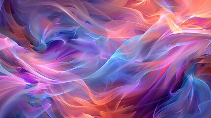 Abstract digital artwork showcases graceful waves of varying colors such as purple pink blue and orange - obrazy, fototapety, plakaty