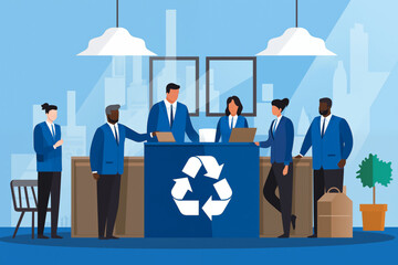 Business graphic vector modern style illustration of a business person in a workplace environment showing good environmental credentials through recycling company policy initiatives