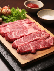Fototapeta premium wagyu meat Japanese juicy cheese on the table сreated with Generative Ai