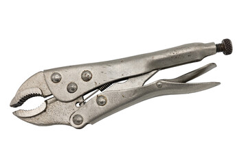 Detail of a closed pressure pliers tool on white background