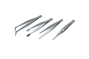 Det of different precision clamps for different types of clamping. tip, curved tip, flat tip and an inverted compression extension. 4 precision tools on white background