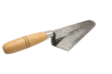 Rear view of a classic steel masonry trowel with wooden handle on white background. It is a construction and works tool that is used, has signs of use and deterioration.