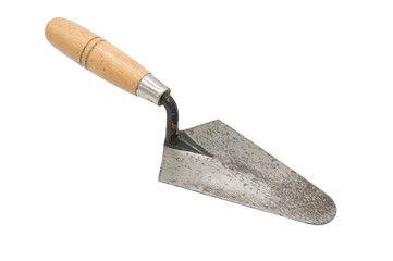 Rear view of a classic steel masonry trowel with wooden handle on white background. It is a...