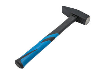 Detail of a heavy mechanic's hammer with a fiber plastic handle. Black hammer with blue details on white background