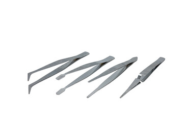 Det of different precision clamps for different types of clamping. tip, curved tip, flat tip and an inverted compression extension. 4 precision tools on white background