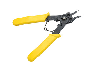 Detail of special pliers for circlip and retaining ring. Dual purpose for compression and extension. It has a yellow rubber handle and is a tool that is on a white background