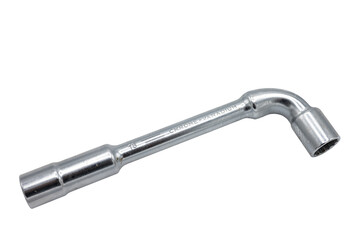 Detail of a curved pipe wrench on white background. Tool suitable for the maintenance of car or...