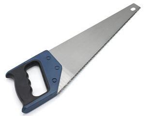 Detail of a saw for cutting wood on a white background. This model has an ergonomic black and blue plastic and rubber grip.