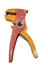 Detail of a manual self-adjusting automatic wire stripper tool, it is a type of red and orange...