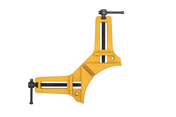 Detail of a corner clamp with holding square on a white background. It is a useful tool for joining pieces at an angle of 90º, it is yellow and has adjustment screws.
