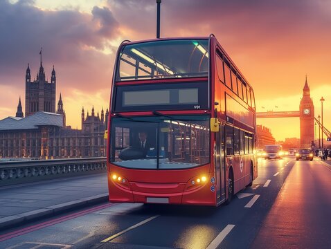 A red double decker bus is driving down a street in London. The bus is surrounded by tall buildings and a bridge in the background. The sky is a mix of orange and pink hues, creating a warm
