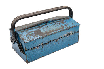 Detail of an old two-tier tool box on white background. It is a worn blue metal box with black...