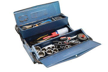 Detail of an open old two-tier toolbox full of tools on white background. It is a worn blue metal...