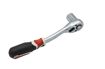 Detail of a black and red ratchet wrench type tool with a socket on it. On white background.