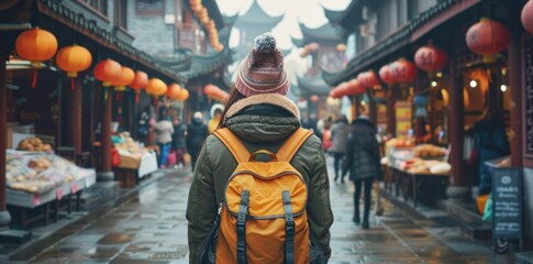 Fototapeta premium Asian women travel lifestyle, China food market street in Beijing. Chinese tourists walking in city streets on Asia vacation tourism, panoramic banner.