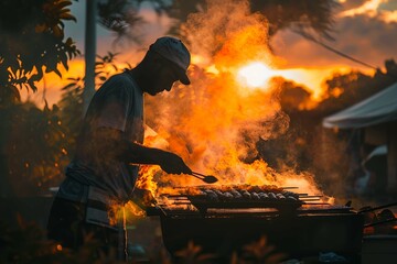 Cropped image of handsome man is making grill barbecue outdoors on the backyard on sunset. Bbq party. Bbq meat, grill for picnic. Roasted on barbecue. Man preparing barbeque in the house yard.